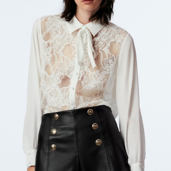NWT Zara White Lace Top with Bow Tie Collar, Size M - Picture 4 of 9